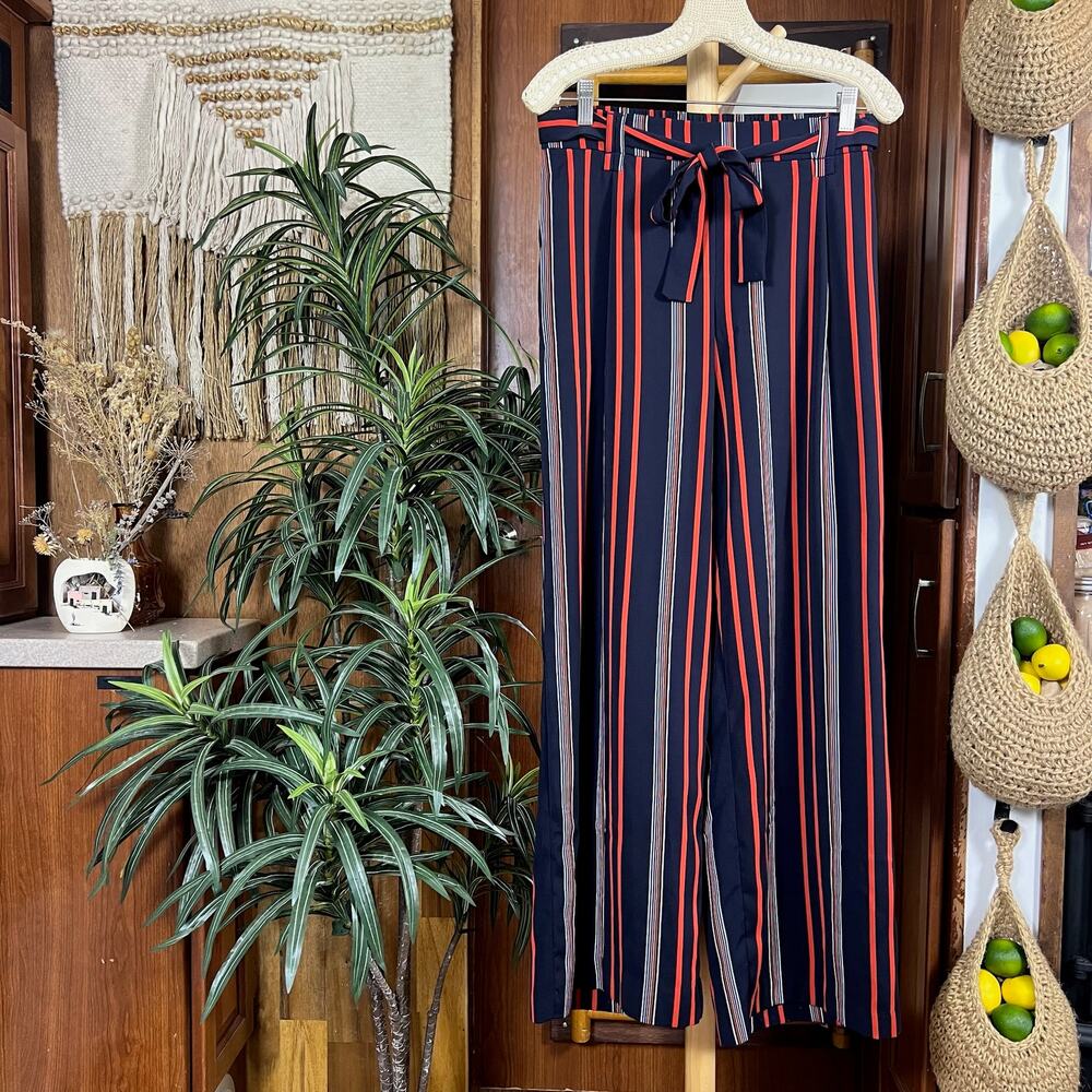 Rachel Zoe Striped Wide Leg High Waist Palazzo Pants Navy Red Tie Waist Flowy 4